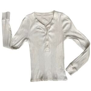 Aerie Long Sleeve Ribbed Henley Top Women's L Cream Casual Layer Cozy Y2K Style